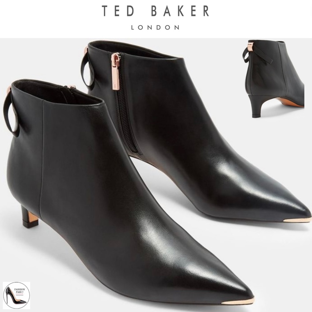 Ted Baker Amaedi Black Leather Kitten Heels Booties Point Toe Ankle Boots Pumps